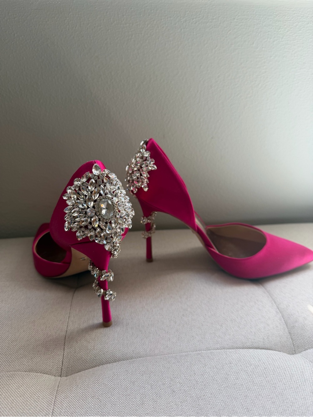 Badgley Mischka Hot Pink Satin Crystal-Embellished Pointed D'Orsay Pumps - Picture 2 of 5